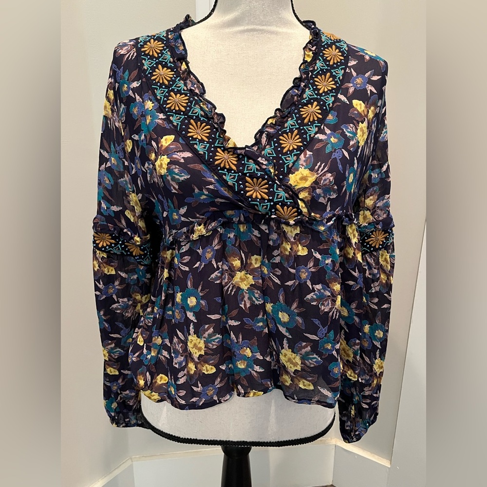 Anthropologie Embroidered Floral Blouse Sz small